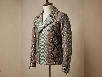 Genuine Python Snakeskin Leather Biker Jacket: Natural Gray with Green Gradation