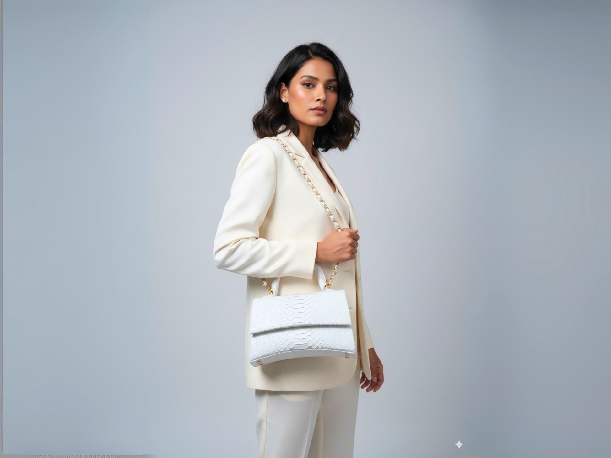 Genuine Python Leather Top Handle Bag with Gold Chain Strap: Elegant Designer Handbag