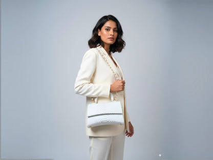 Genuine Python Leather Top Handle Bag with Gold Chain Strap: Elegant Designer Handbag