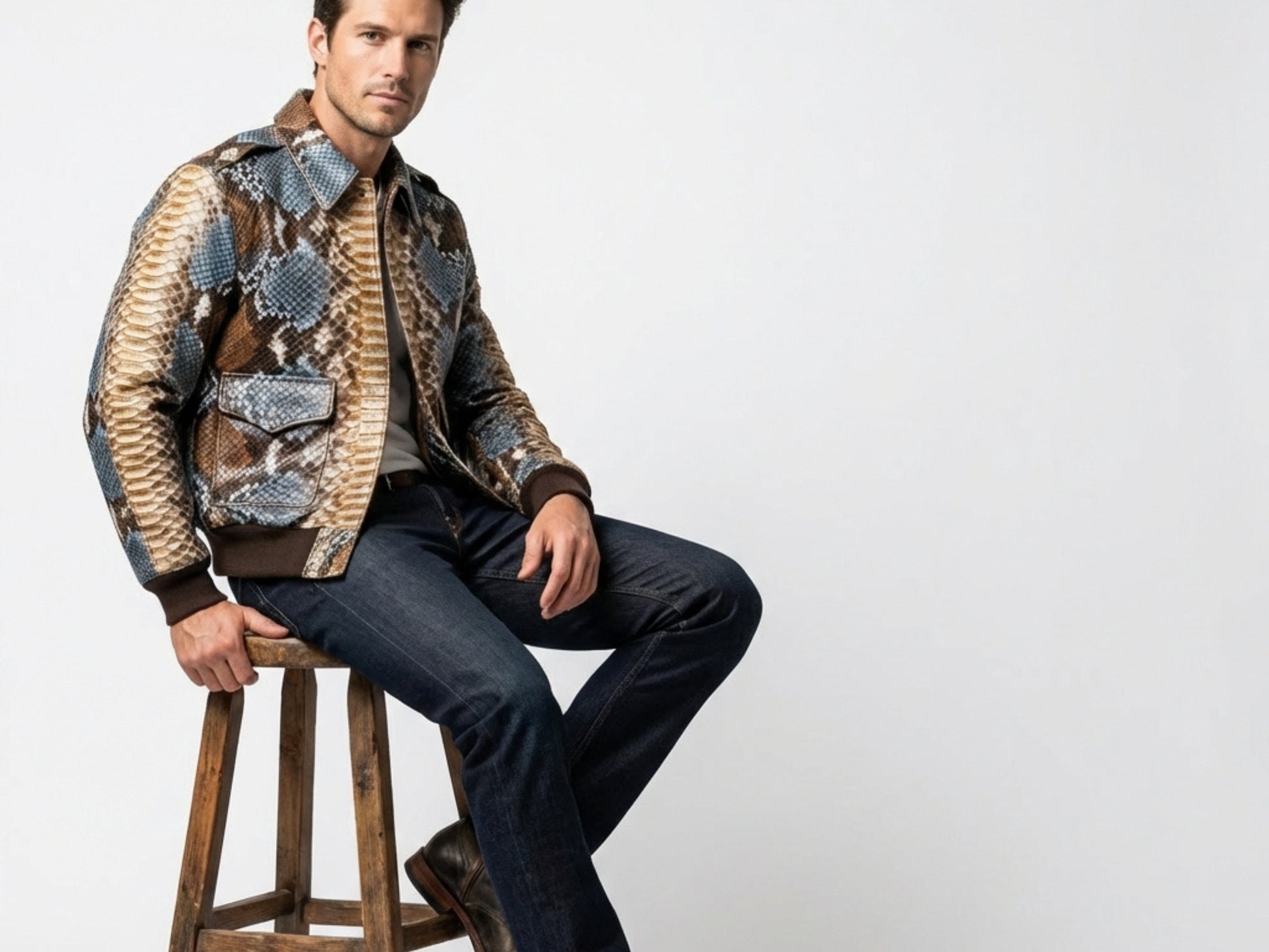 Multi Color Brown Snakeskin Bomber Jacket