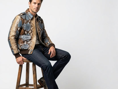 Multi Color Brown Snakeskin Bomber Jacket