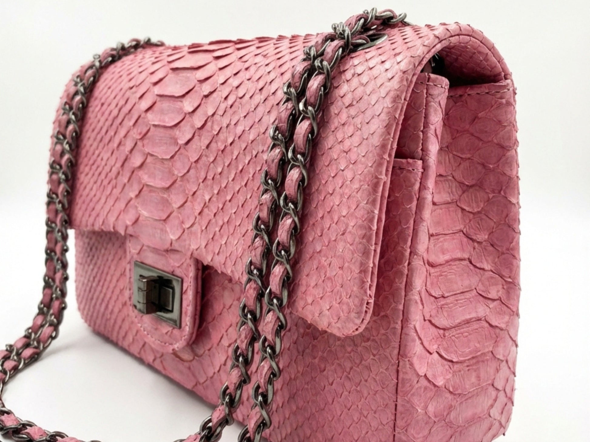 Pink Snakeskin Chain Strap Purse | Genuine Python Shoulder Leather Bag