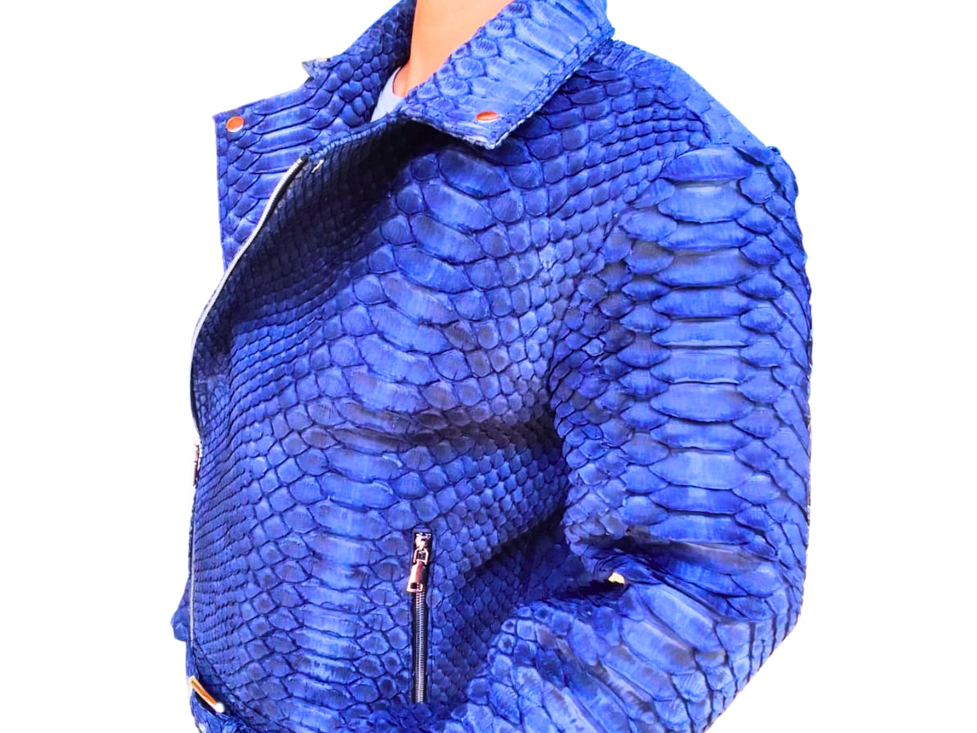 Blue Nubuck Snakeskin Leather Jacket - 5