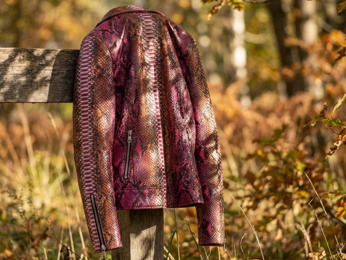 Genuine Python Snakeskin Leather Biker Jacket for Women: Pink Brown Exotic Motorcycle Jacket
