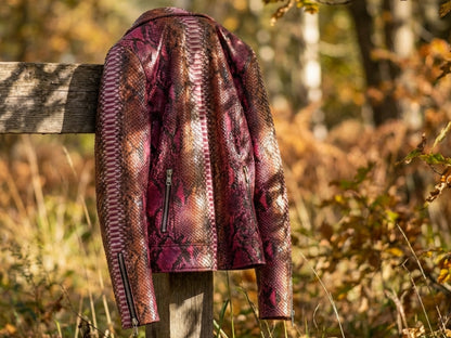 Genuine Python Snakeskin Leather Biker Jacket for Women: Pink Brown Exotic Motorcycle Jacket