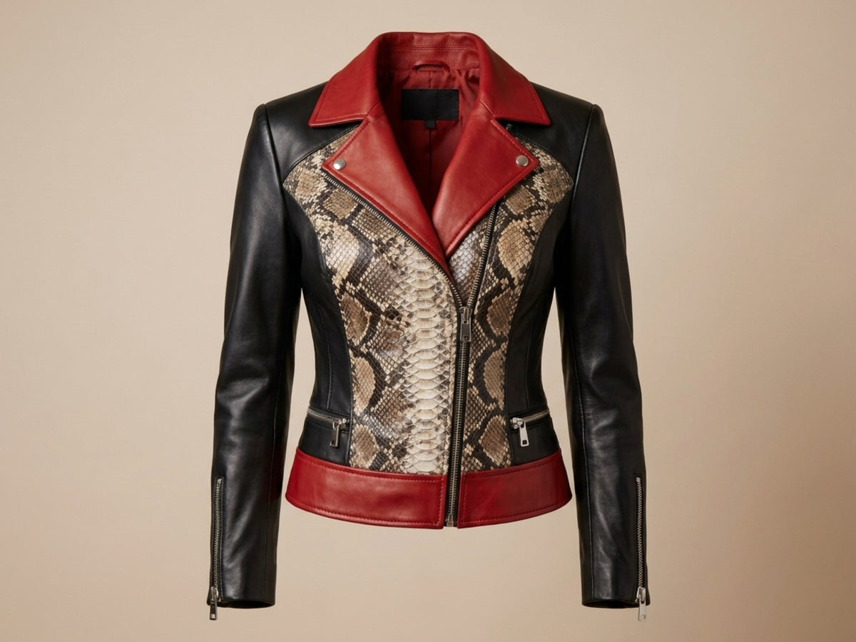 Genuine Python Snakeskin Lambskin Biker Leather Jacket: Red Accents