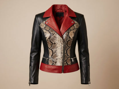 Genuine Python Snakeskin Lambskin Biker Leather Jacket: Red Accents