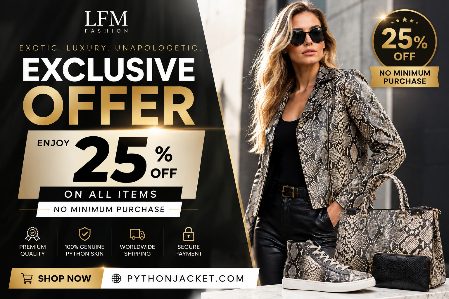 A promotional fashion banner for LFM Fashion featuring a model wearing a snakeskin-patterned blazer, black outfit, sunglasses, and carrying a matching snakeskin handbag and shoe. The left side contains large sale text reading 'Exclusive Offer 25% Off' and product feature icons.