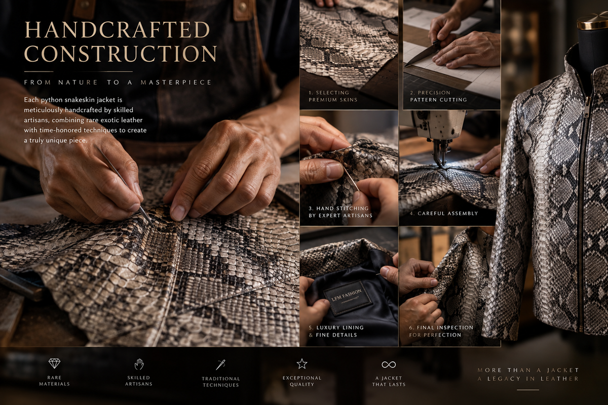 Handcrafted construction of a genuine python snakeskin leather jacket showing skilled artisan cutting, hand stitching, assembly, luxury lining, and final inspection
