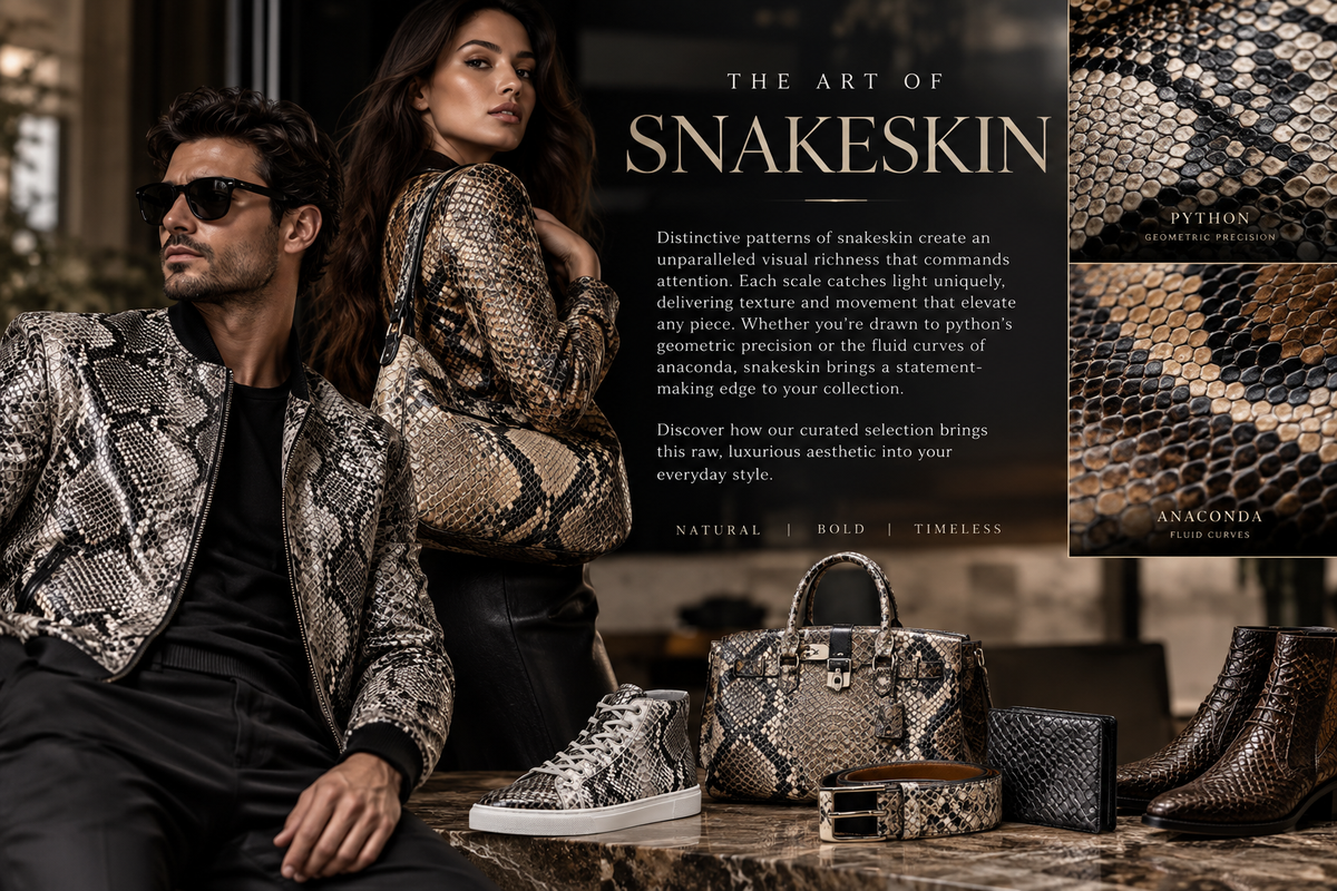 Luxury snakeskin fashion collection featuring genuine python and anaconda textures, jackets, handbags, sneakers, boots, belts, and accessories in an elegant editorial setting