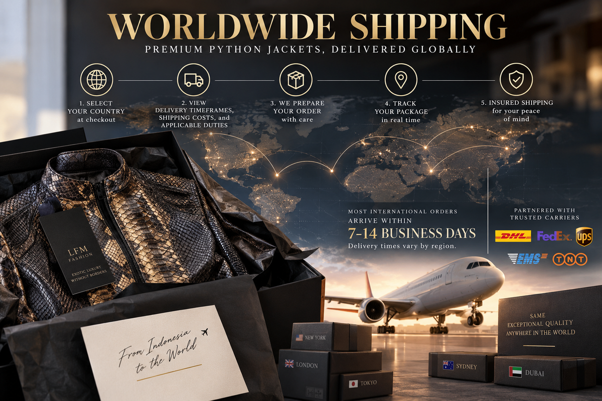 Premium python snakeskin jacket worldwide shipping with insured tracking and 7–14 business day international delivery.