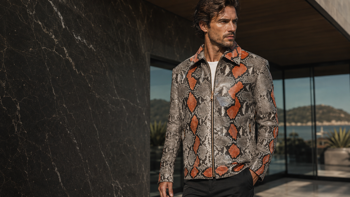 Full-screen editorial photograph of a model wearing your strongest python jacket
