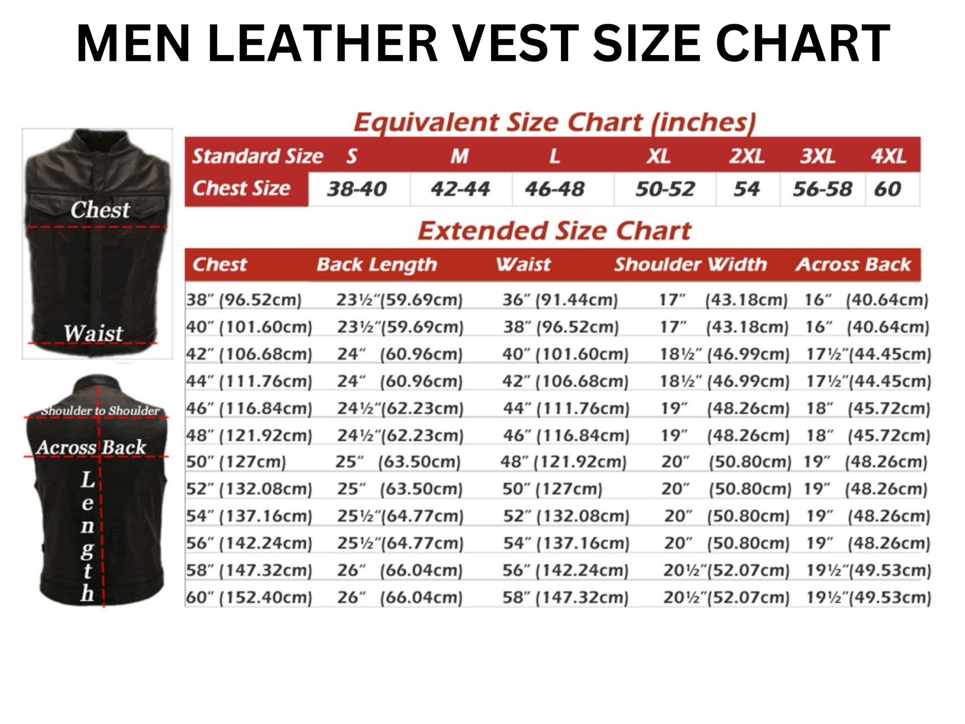 Genuine Python Snakeskin Motorcycle Leather Vest size chart