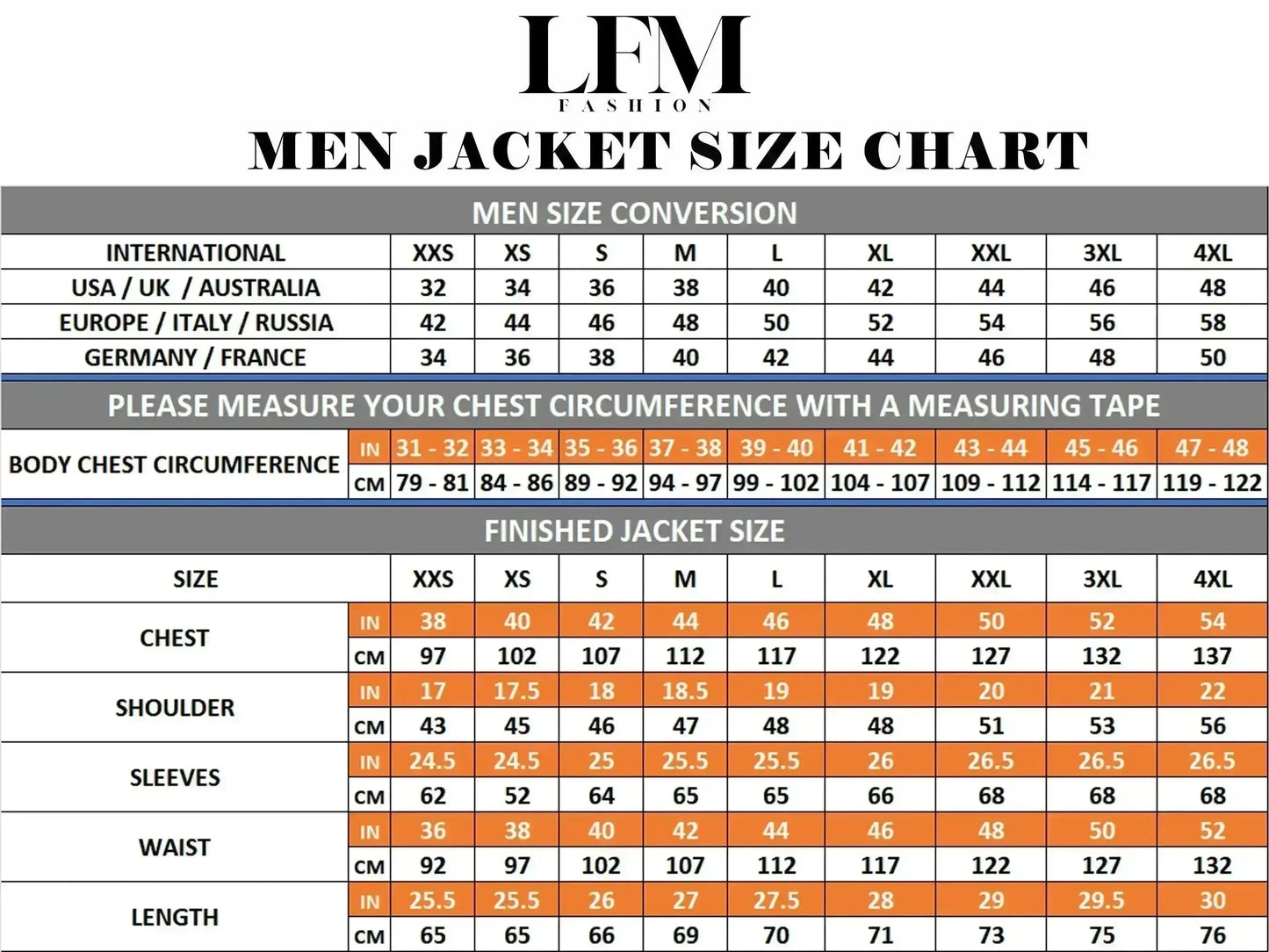 Men Jacket Size Chart - LFM Fashion