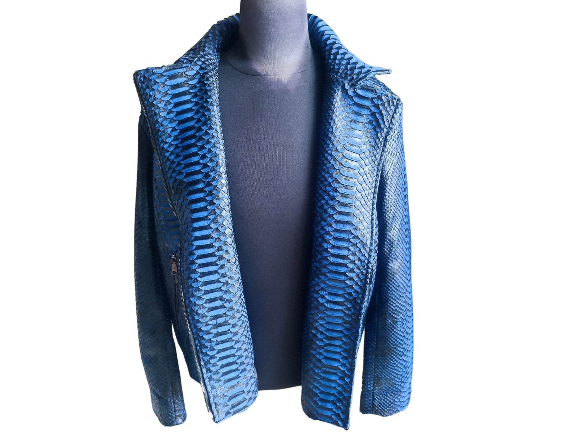 Black Gradation Blue Snakeskin Motorcycle Leather Jacket - LFM Fashion
