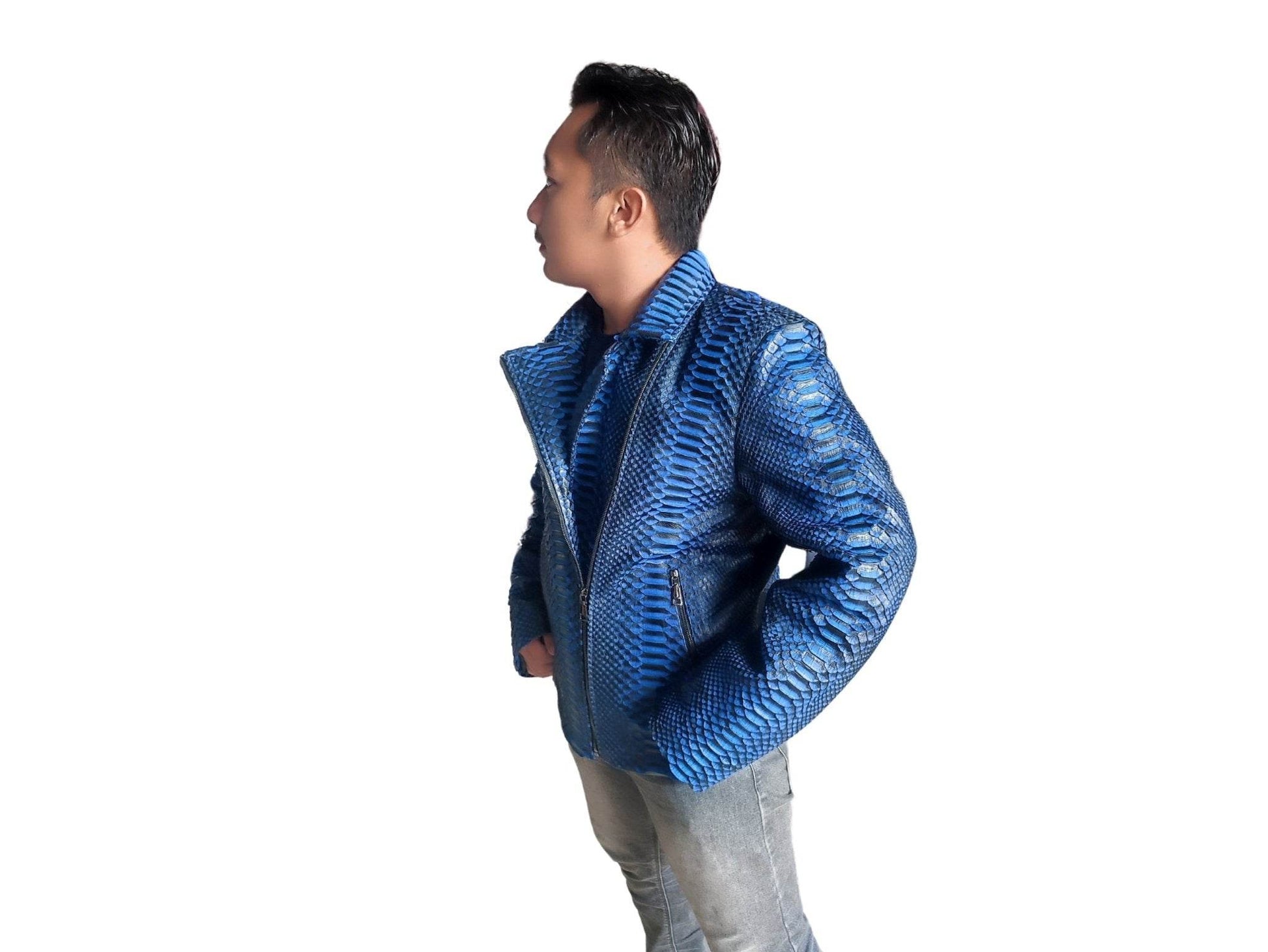 Black Gradation Blue Snakeskin Motorcycle Leather Jacket - LFM Fashion