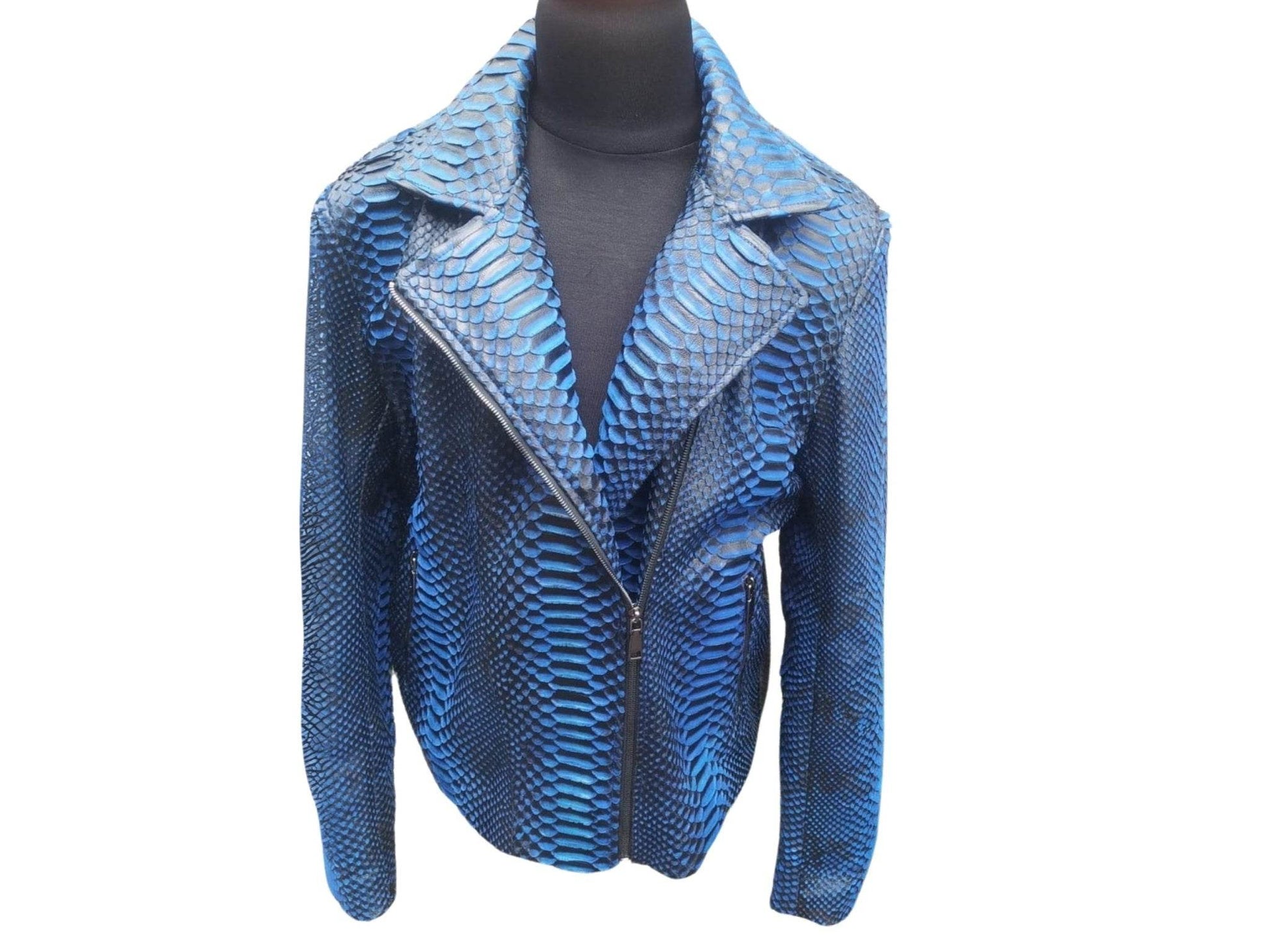Black Gradation Blue Snakeskin Motorcycle Leather Jacket - LFM Fashion