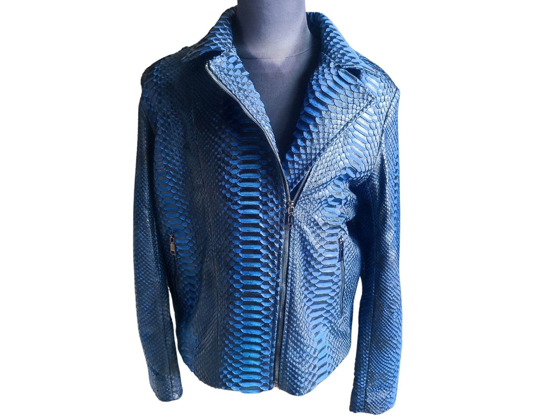 Black Gradation Blue Snakeskin Motorcycle Leather Jacket - LFM Fashion