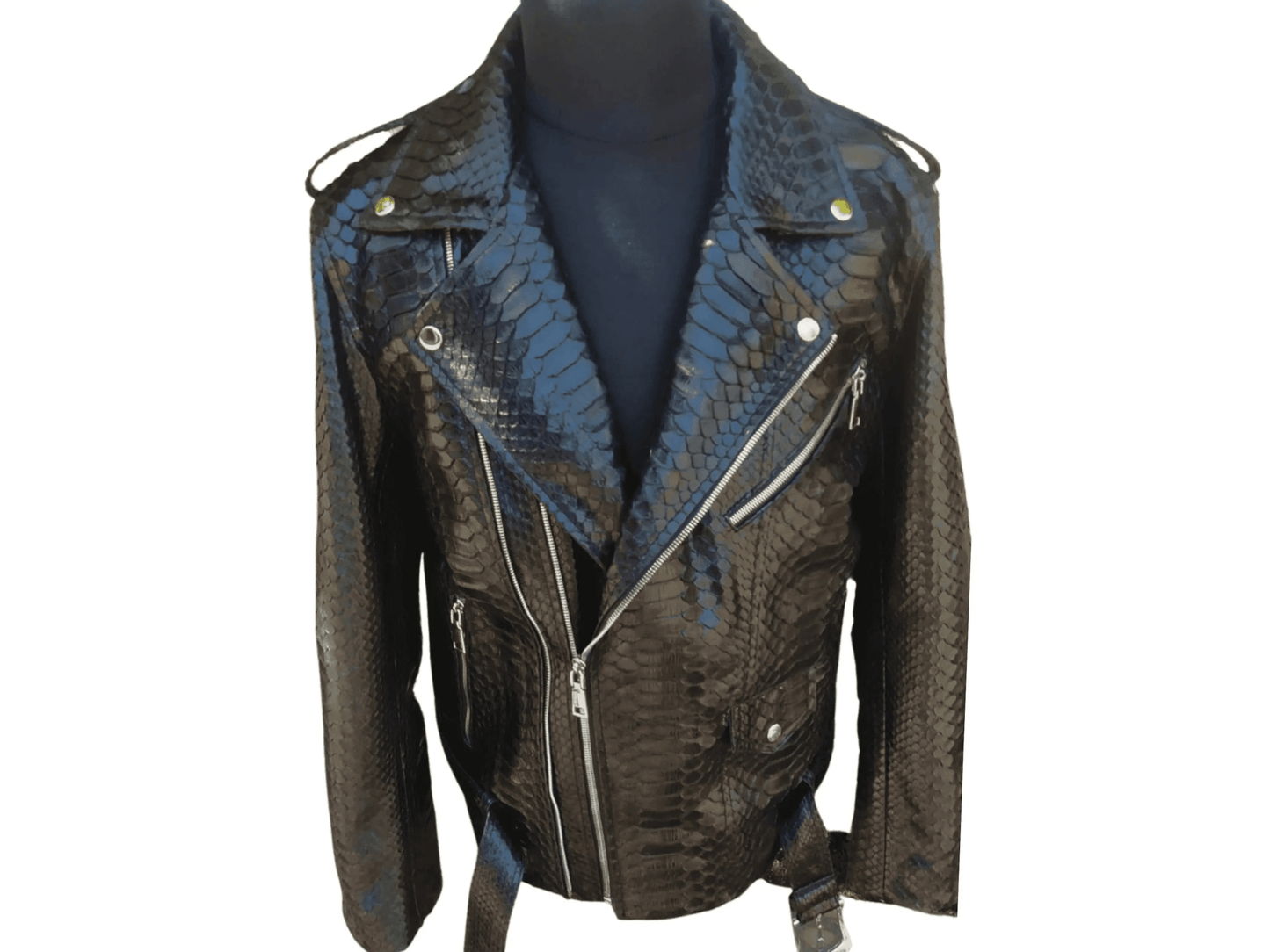 Black Motorcycle Leather Jacket Real Python Snake Skin with Glossy Finishing - Python Jacket by LFM Fashion
