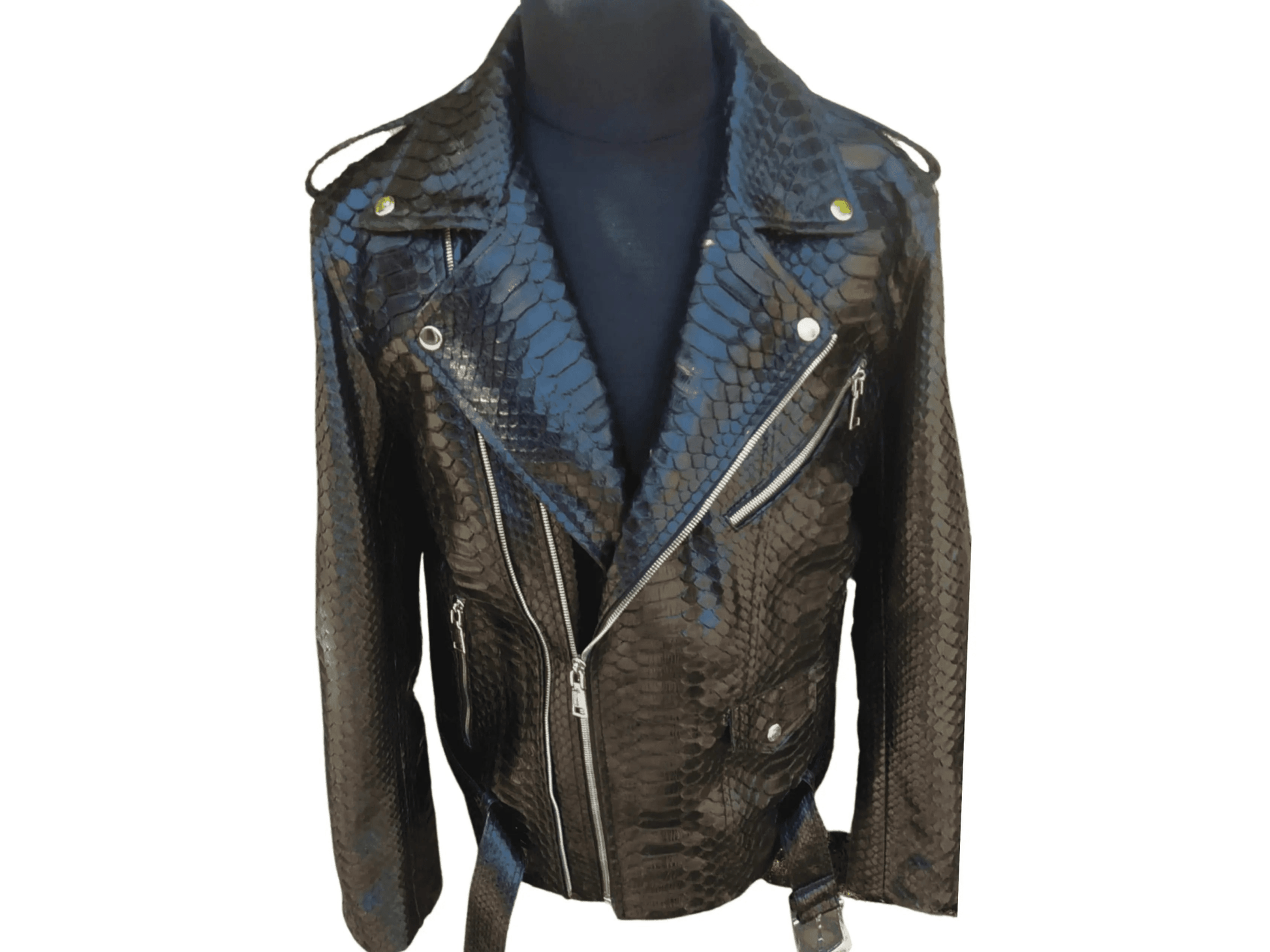 Black Motorcycle Leather Jacket Real Python Snake Skin with Glossy Finishing - Python Jacket by LFM Fashion