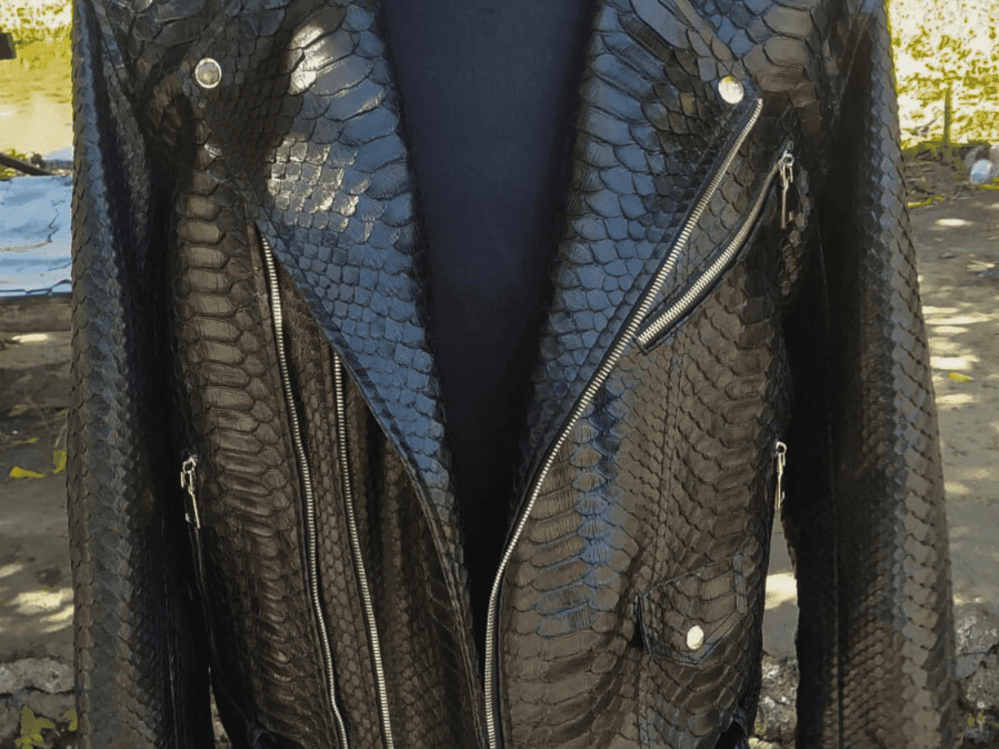 Black Motorcycle Leather Jacket Real Python Snake Skin with Glossy Finishing - Python Jacket by LFM Fashion