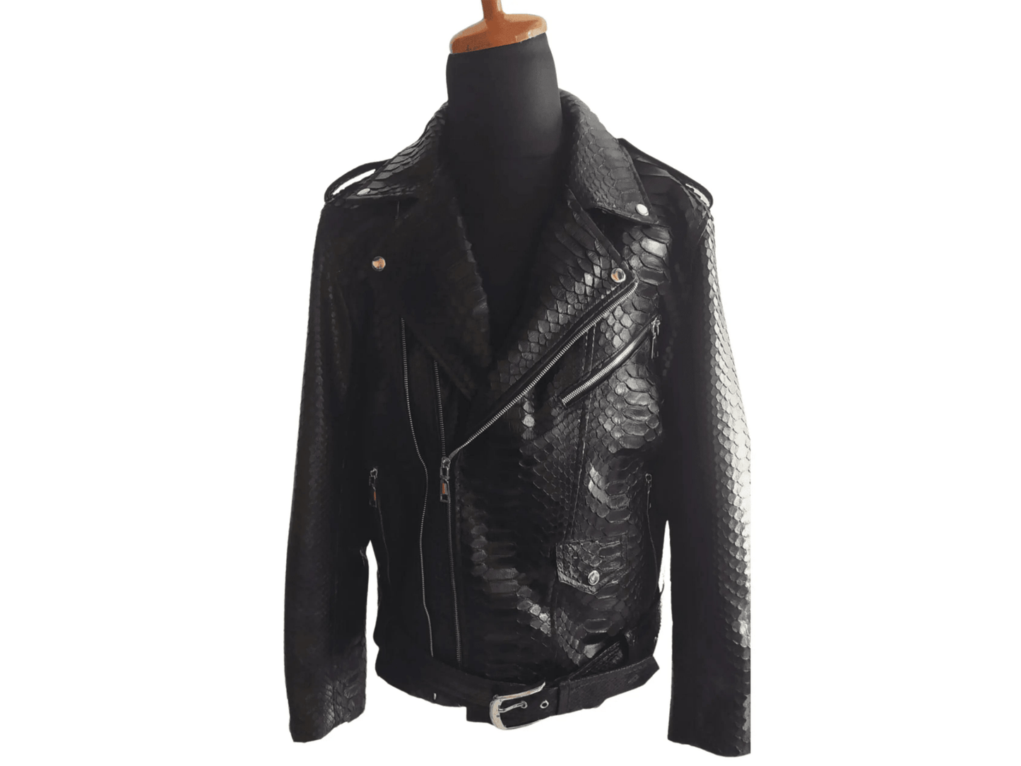 Black Motorcycle Leather Jacket Real Python Snake Skin with Glossy Finishing - Python Jacket by LFM Fashion