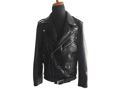 Black Motorcycle Leather Jacket Real Python Snake Skin with Glossy Finishing - Python Jacket by LFM Fashion