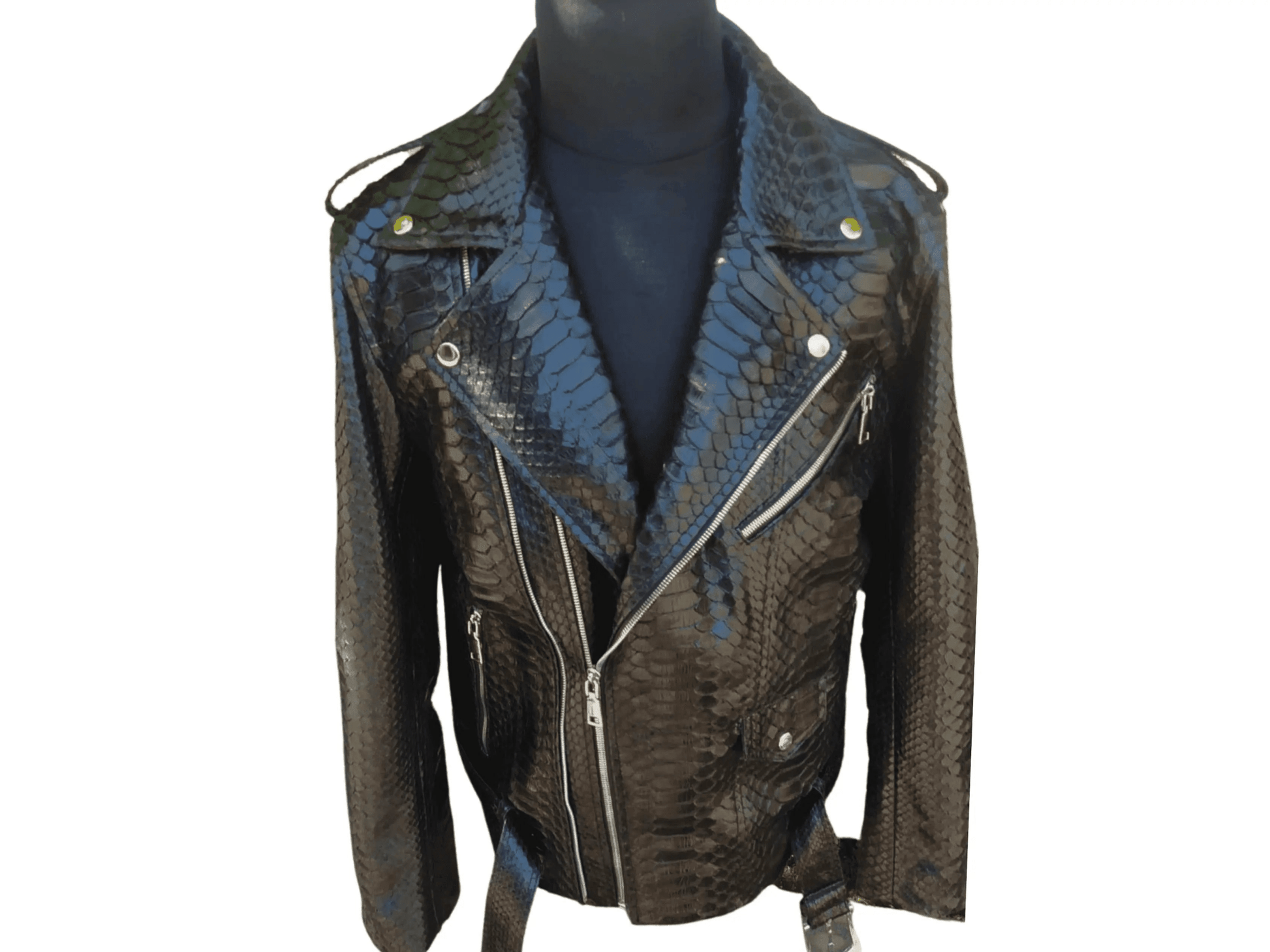 Black Motorcycle Leather Jacket Real Python Snake Skin with Glossy Finishing - Python Jacket by LFM Fashion