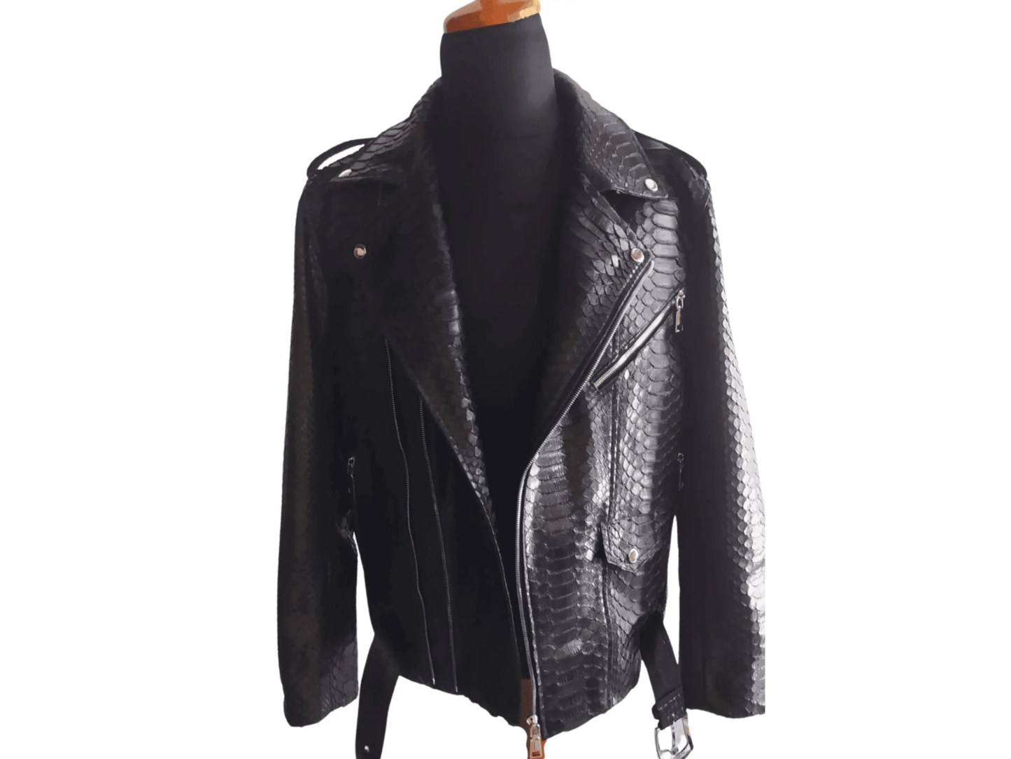 Black Motorcycle Leather Jacket Real Python Snake Skin with Glossy Finishing - Python Jacket by LFM Fashion