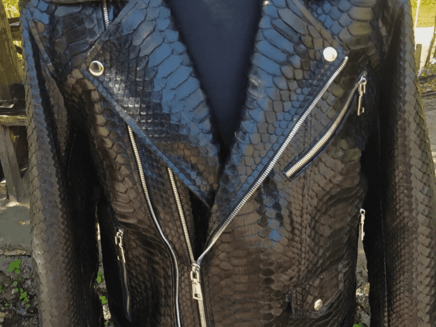 Black Motorcycle Leather Jacket Real Python Snake Skin with Glossy Finishing - Python Jacket by LFM Fashion