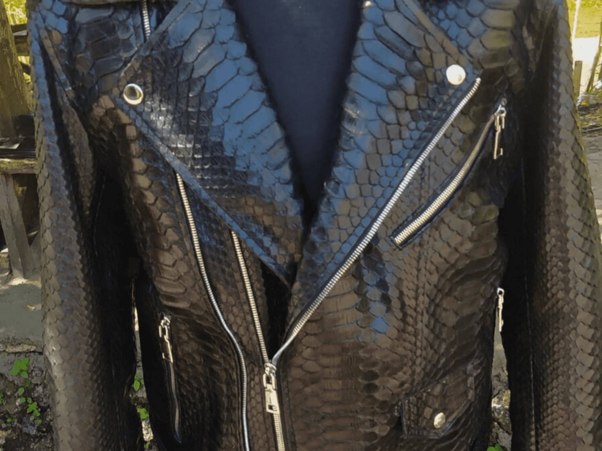 Black Motorcycle Leather Jacket Real Python Snake Skin with Glossy Finishing - Python Jacket by LFM Fashion
