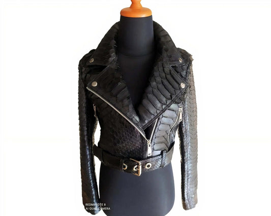 Black Python Snakeskin Leather Jacket for Women - Python Jacket by LFM Fashion