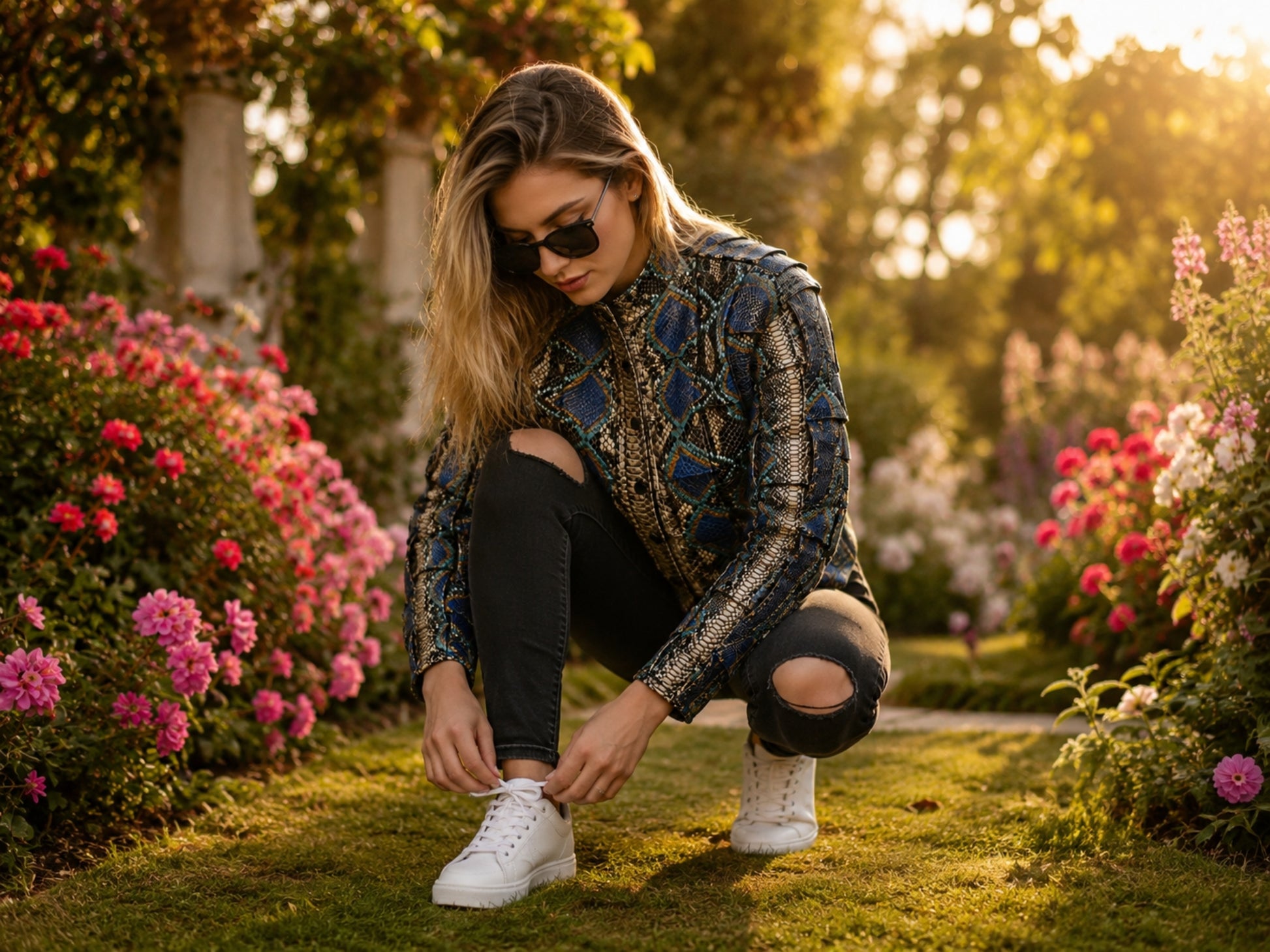 A woman crouches in a sunlit garden while tying the laces of her white sneakers. She is wearing a blue and black patterned long-sleeve top, black ripped jeans, and sunglasses.