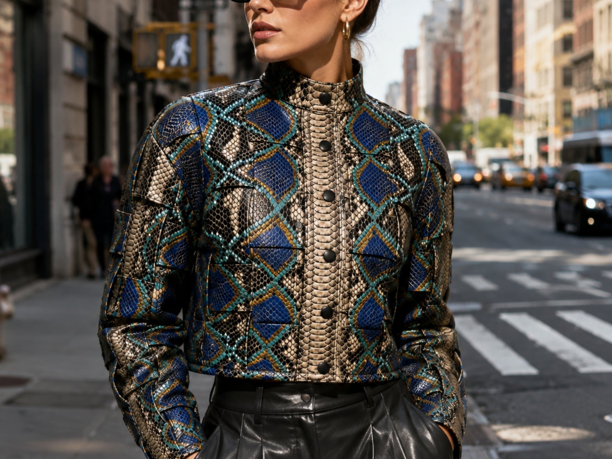 A woman wearing a structured snakeskin-patterned jacket with blue, teal, and gold geometric beadwork details, standing on a city street.