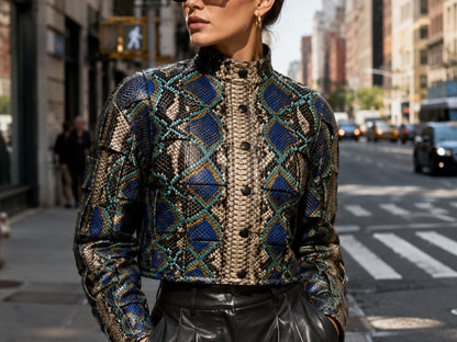 A woman wearing a structured snakeskin-patterned jacket with blue, teal, and gold geometric beadwork details, standing on a city street.