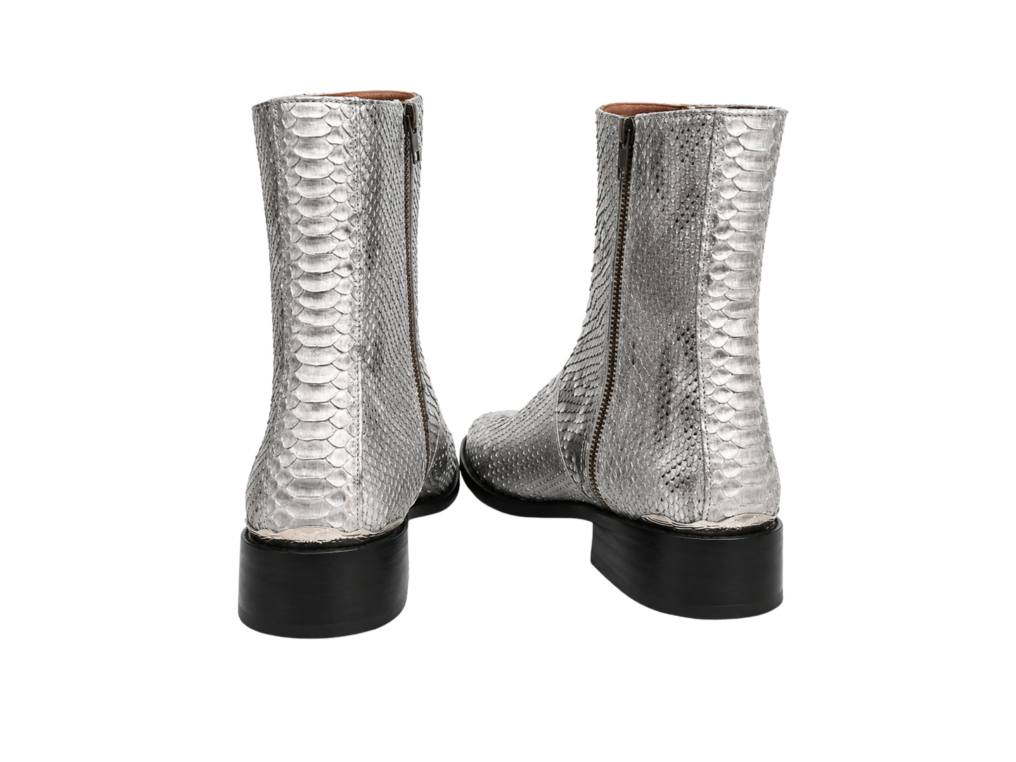 Genuine silver gray python snakeskin boots showing rear scale pattern and zipper details