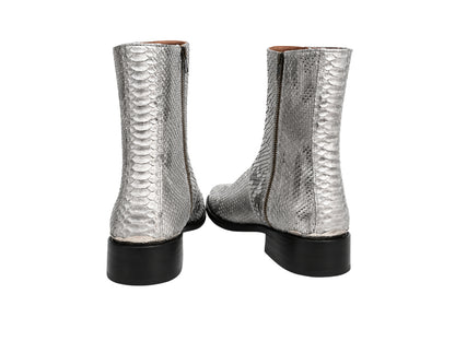 Genuine silver gray python snakeskin boots showing rear scale pattern and zipper details