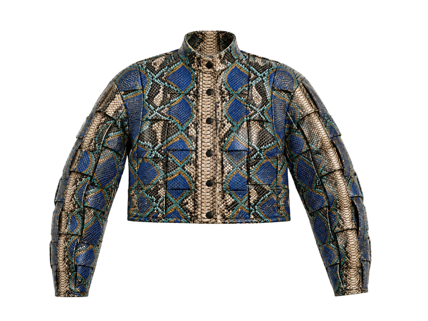 A cropped button-front jacket featuring a bold geometric pattern of blue diamonds and black snakeskin scales on a beige background, presented on a solid white background.
