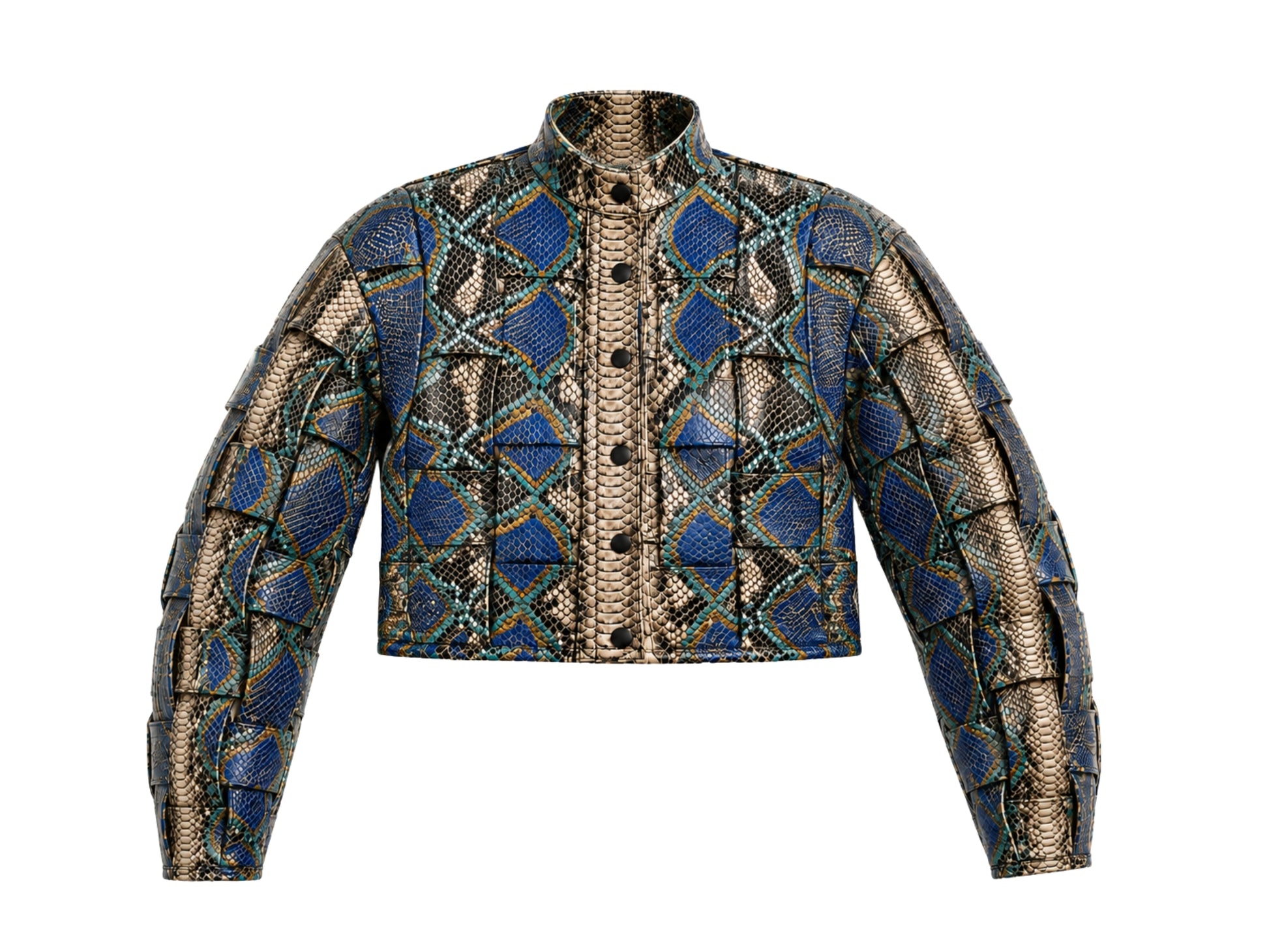 A cropped button-front jacket featuring a bold geometric pattern of blue diamonds and black snakeskin scales on a beige background, presented on a solid white background.