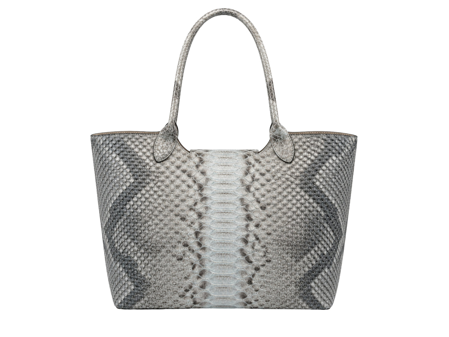 Genuine python snakeskin leather tote shoulder bag back view showing silver gray natural scale pattern and long handles