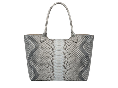 Genuine python snakeskin leather tote shoulder bag back view showing silver gray natural scale pattern and long handles