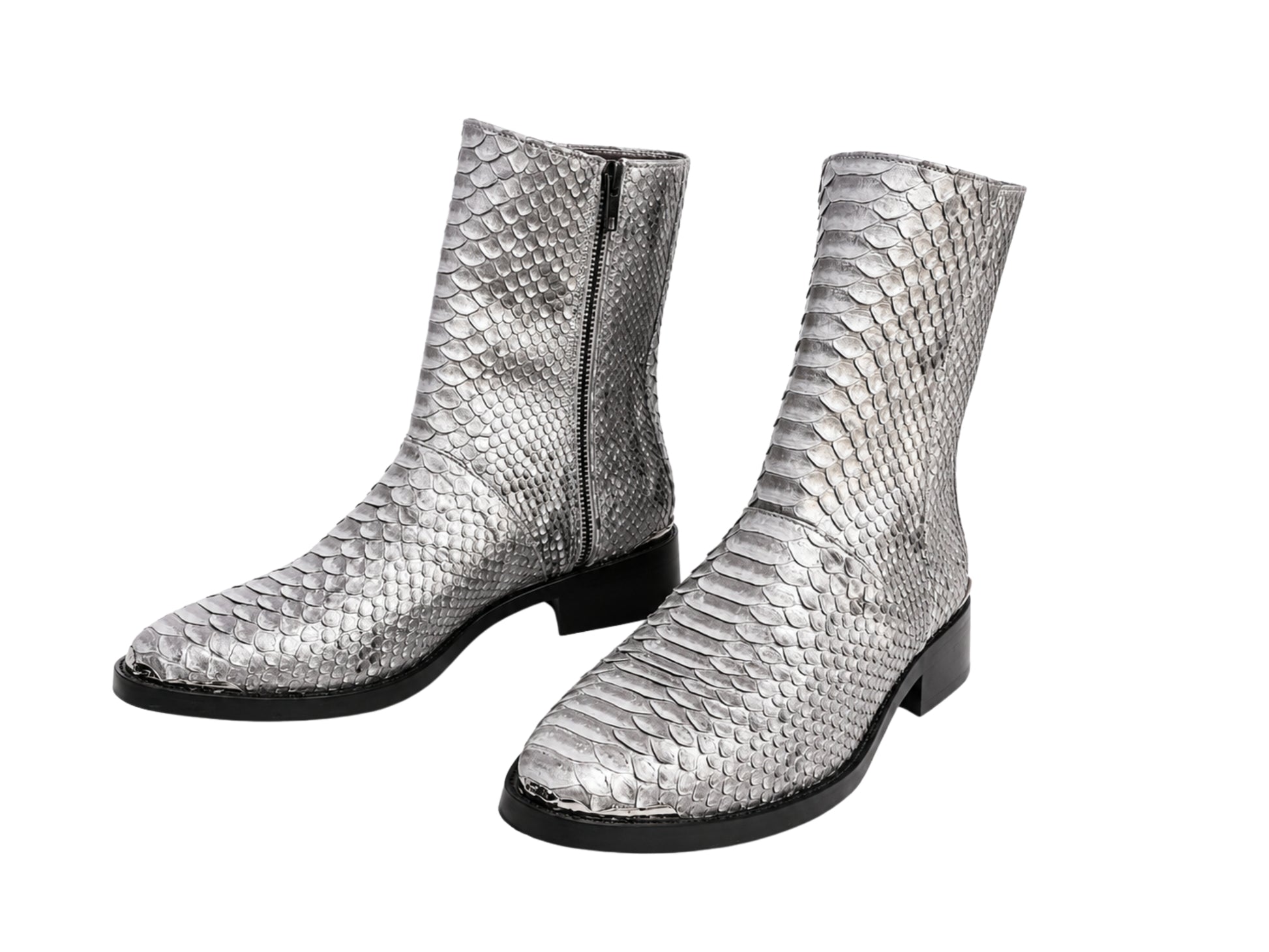 Silver gray genuine python leather men's boots showing natural snakeskin scale pattern