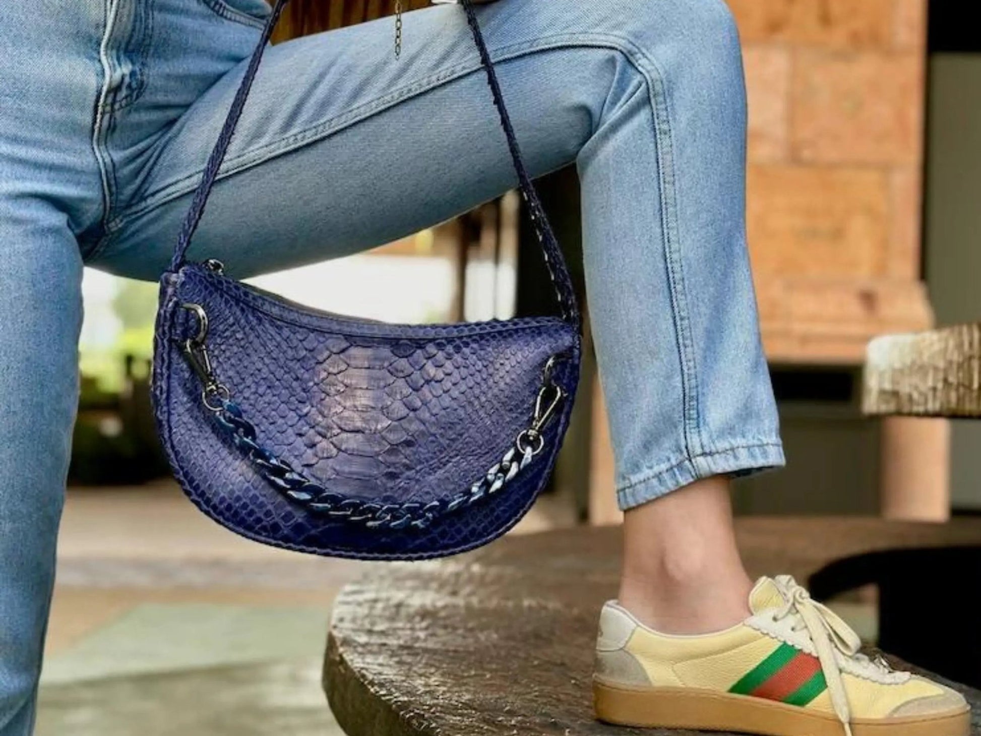 Half Moon Shoulder Bag Acrylic Strap Accent - Python Jacket by LFM Fashion
