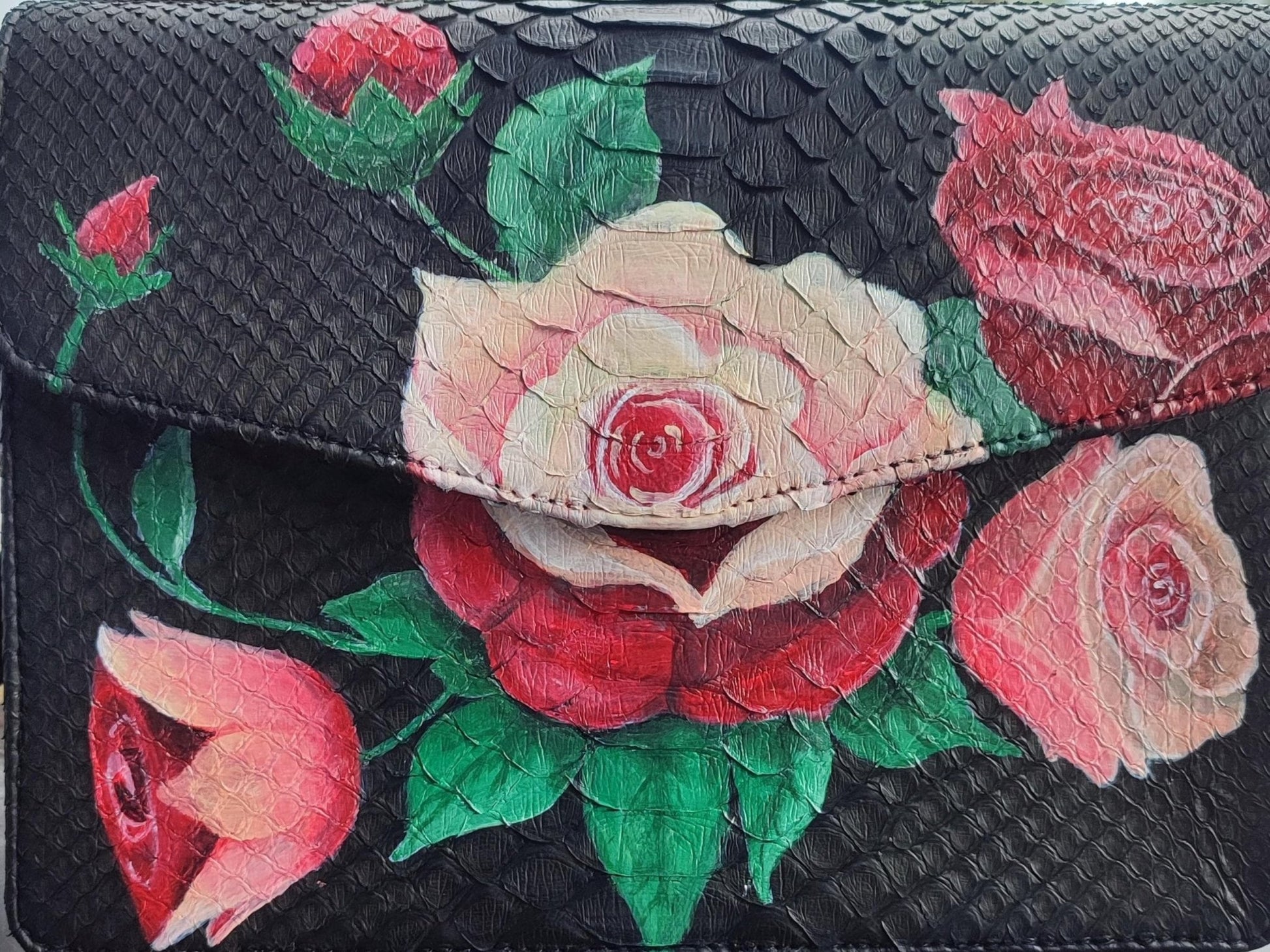 Hand Painted Snakeskin Bag with Rose Flowers 3