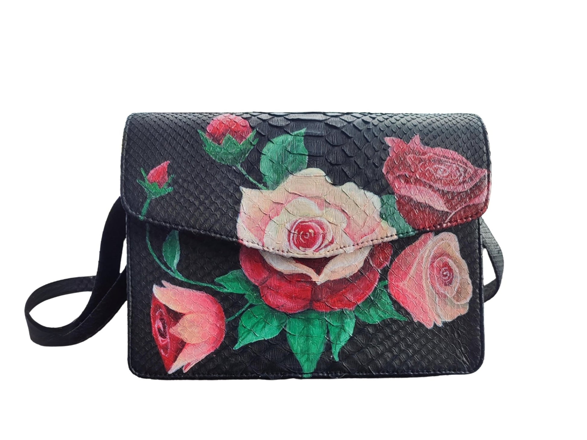 Hand Painted Snakeskin Bag with Rose Flowers