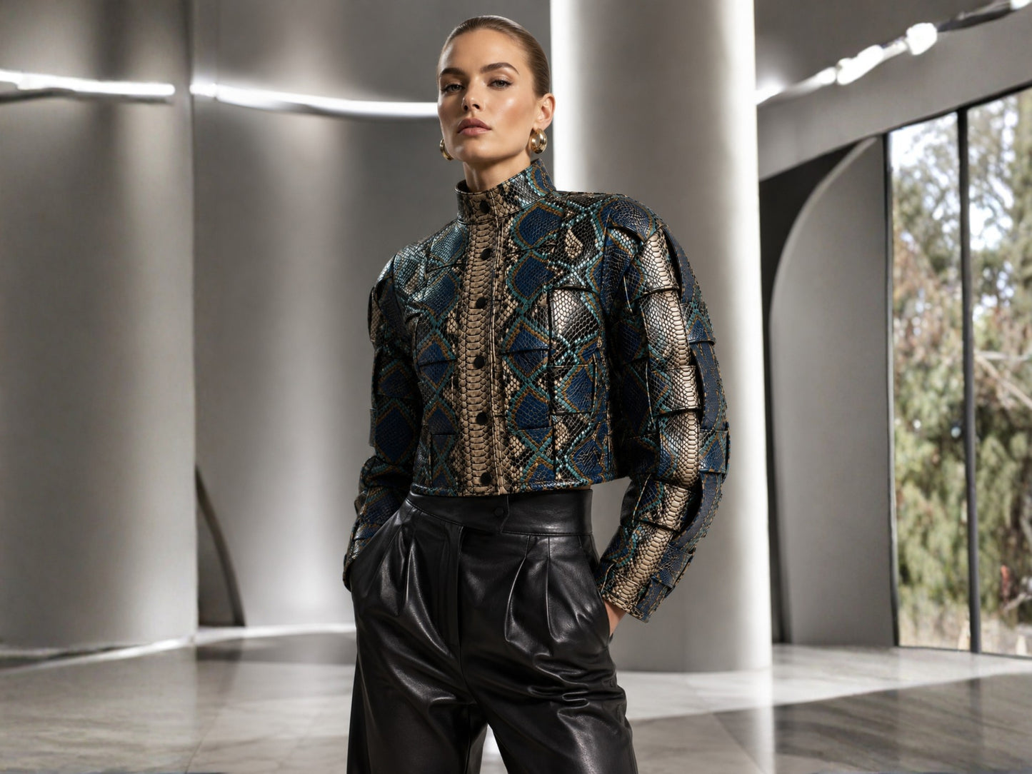A model wearing a high-neck, long-sleeve cropped jacket with a complex geometric pattern in blue, gold, and black, paired with black leather pants, standing in a modern architectural hallway.