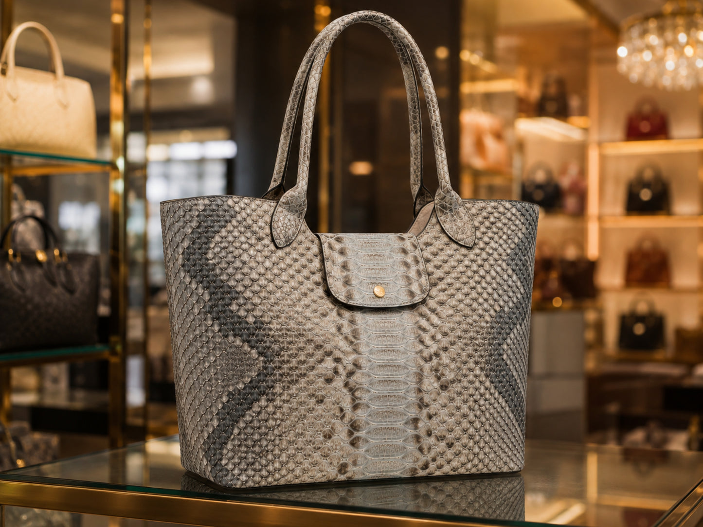 Silver gray genuine python snakeskin leather shoulder tote bag displayed in a luxury handbag boutique with warm lighting