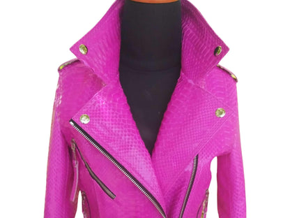 Women Jacket Neon Pink Python Snakeskin Leather Jacket Python Jacket by LFM Fashion