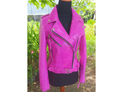 Neon Pink Python Snakeskin Leather Jacket - Python Jacket by LFM Fashion