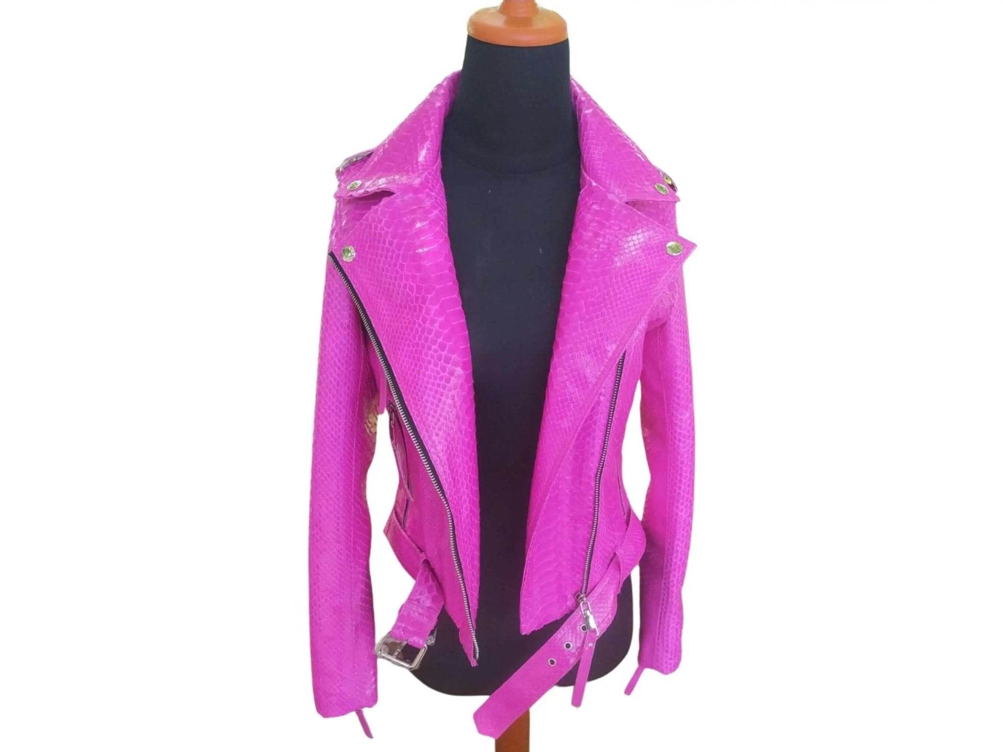 pink python snakeskin short sleeve men's rompers,... Neon Pink Python Snakeskin Leather Jacket by LFM Fashion